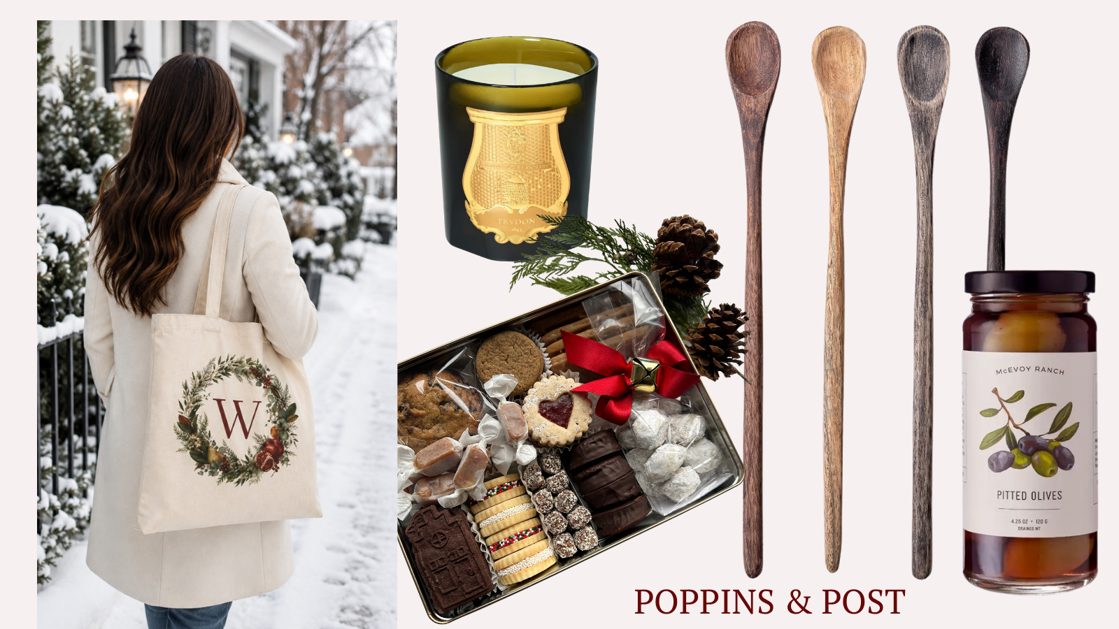 Holiday hostess gift edit featuring a personalized tote, cookie box, olive wood spoons, Trudon candle, and McEvoy Ranch olives