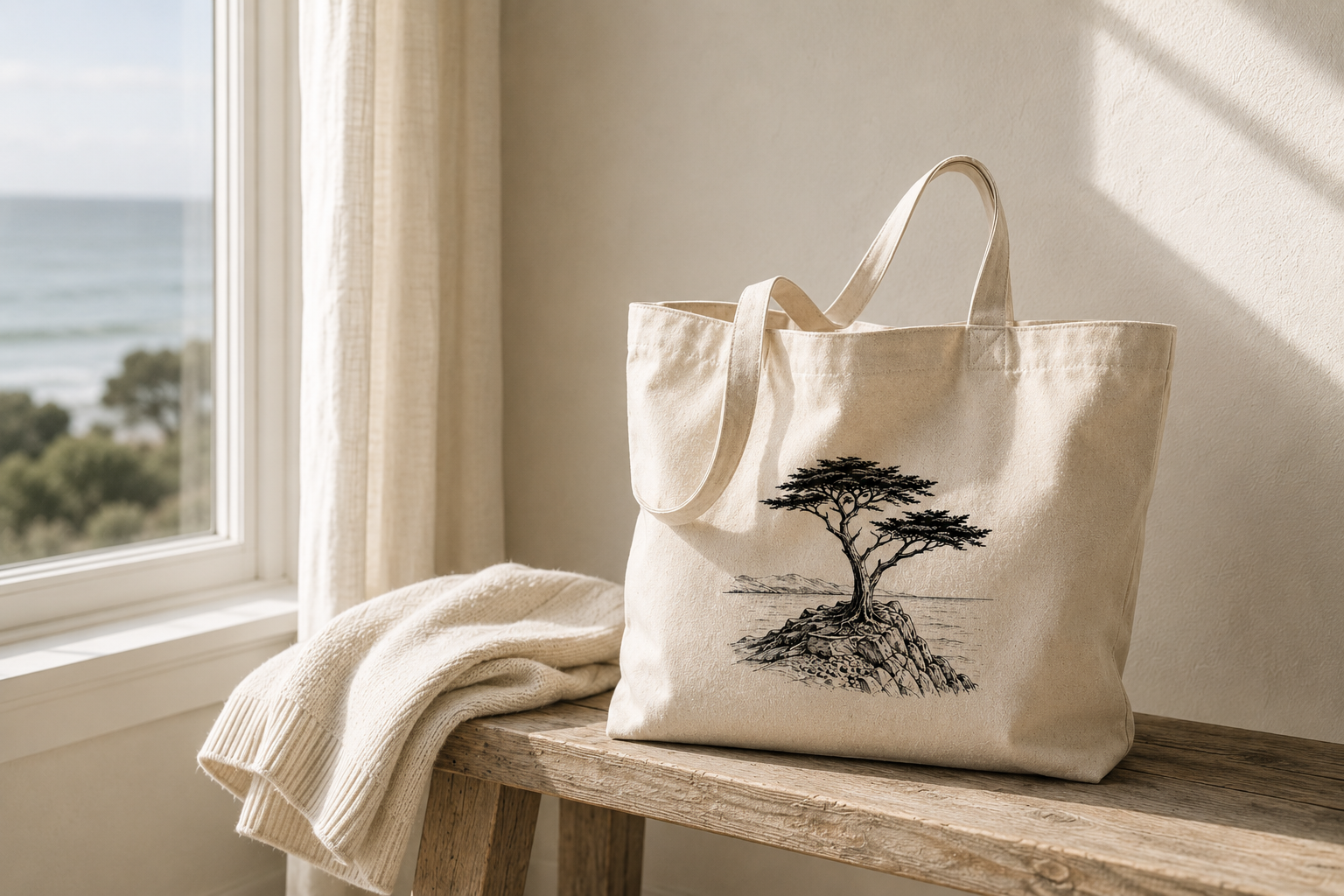 Canvas destination tote bag on a wooden bench beside a sunny window with an ocean view