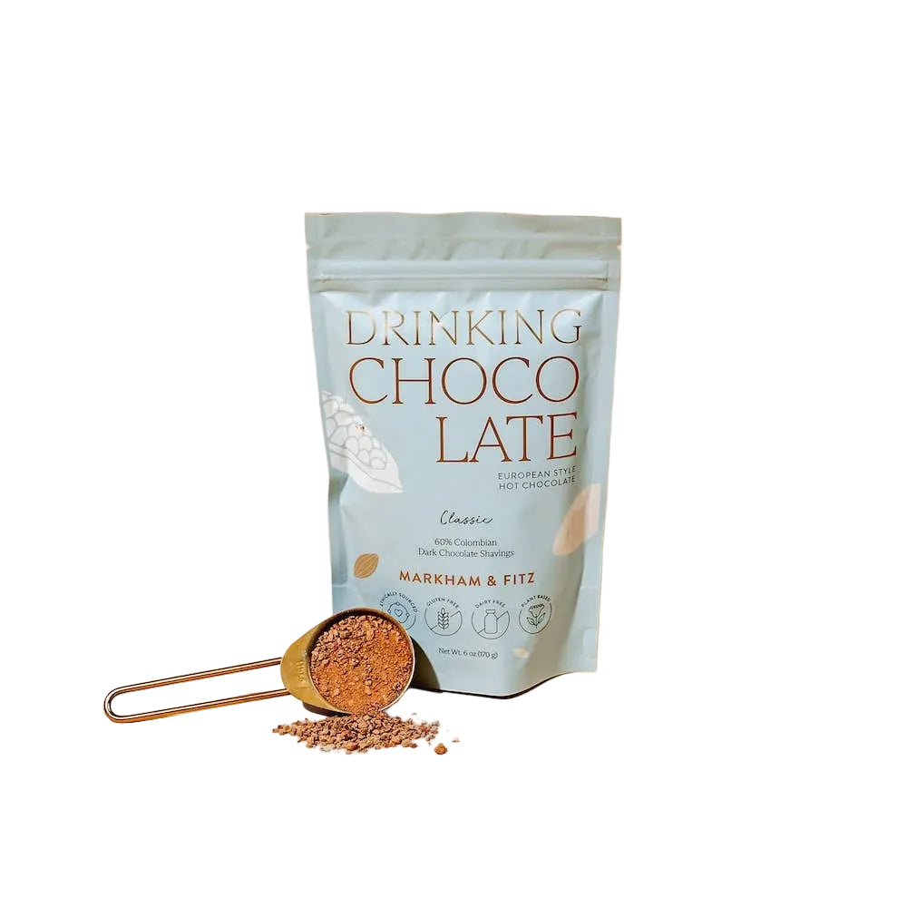 Packaging of 'Drinking Chocolate' by Markham & Fitz on a beige background