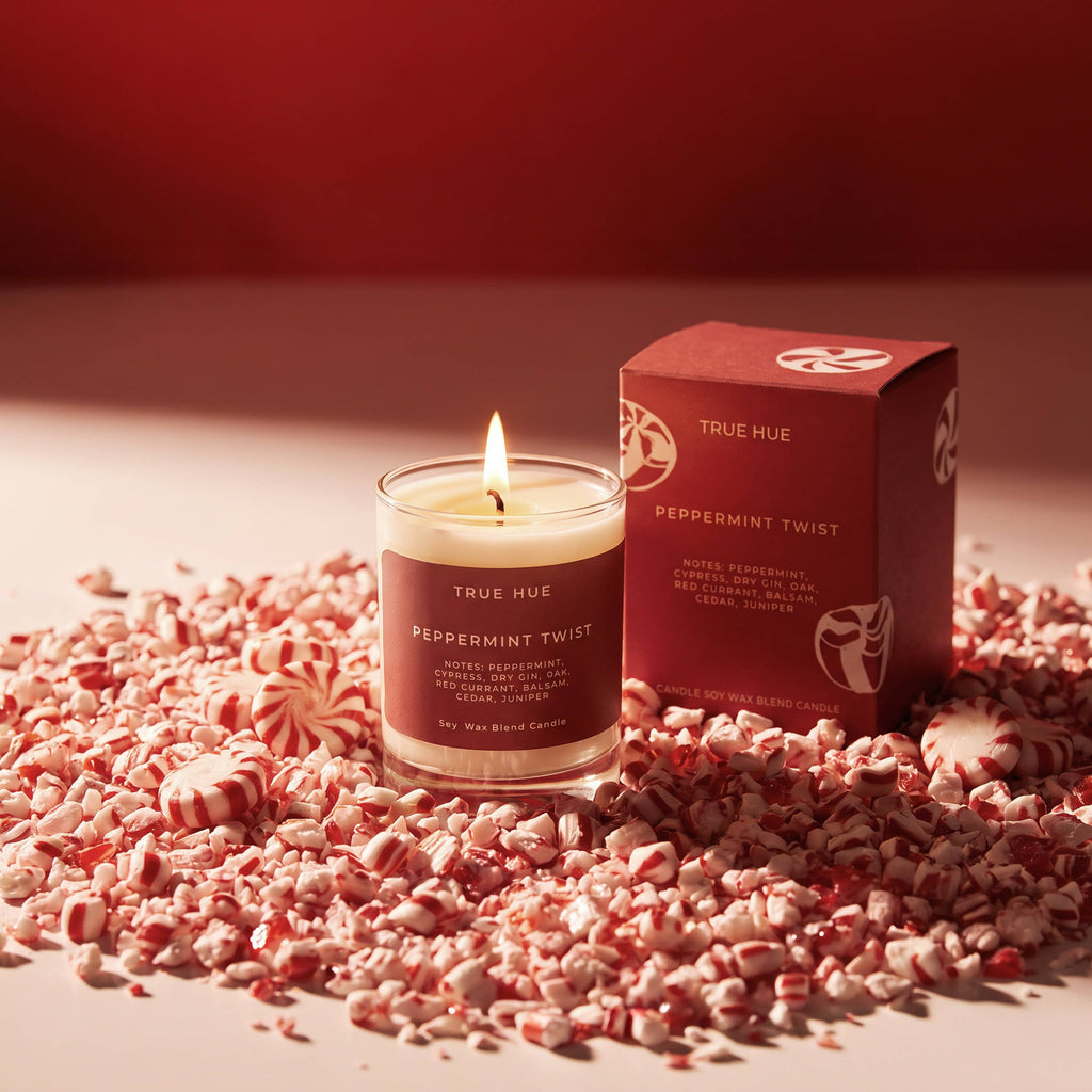 True Hue Peppermint Twist mini candle with red and white striped design, cozy and festive candle for home decor.