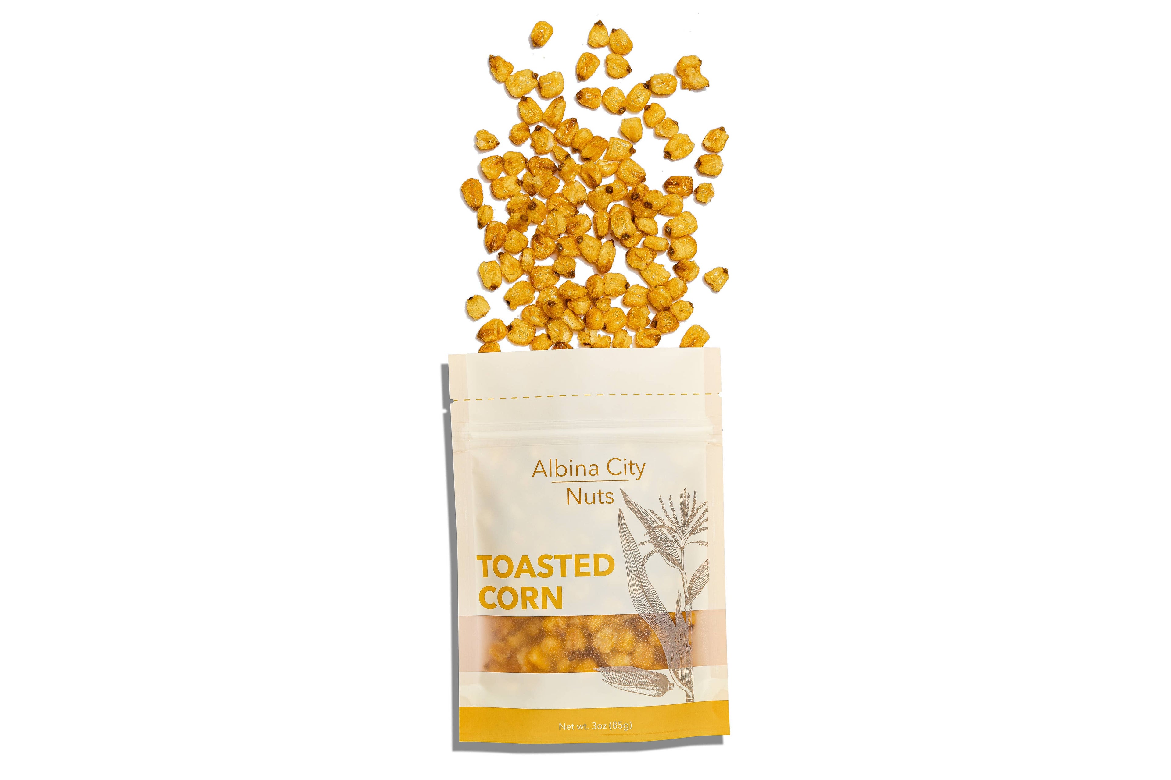 A stand-up pouch of Albina City Nuts Toasted Corn on a white background, with toasted corn kernels bursting from the top of the package.