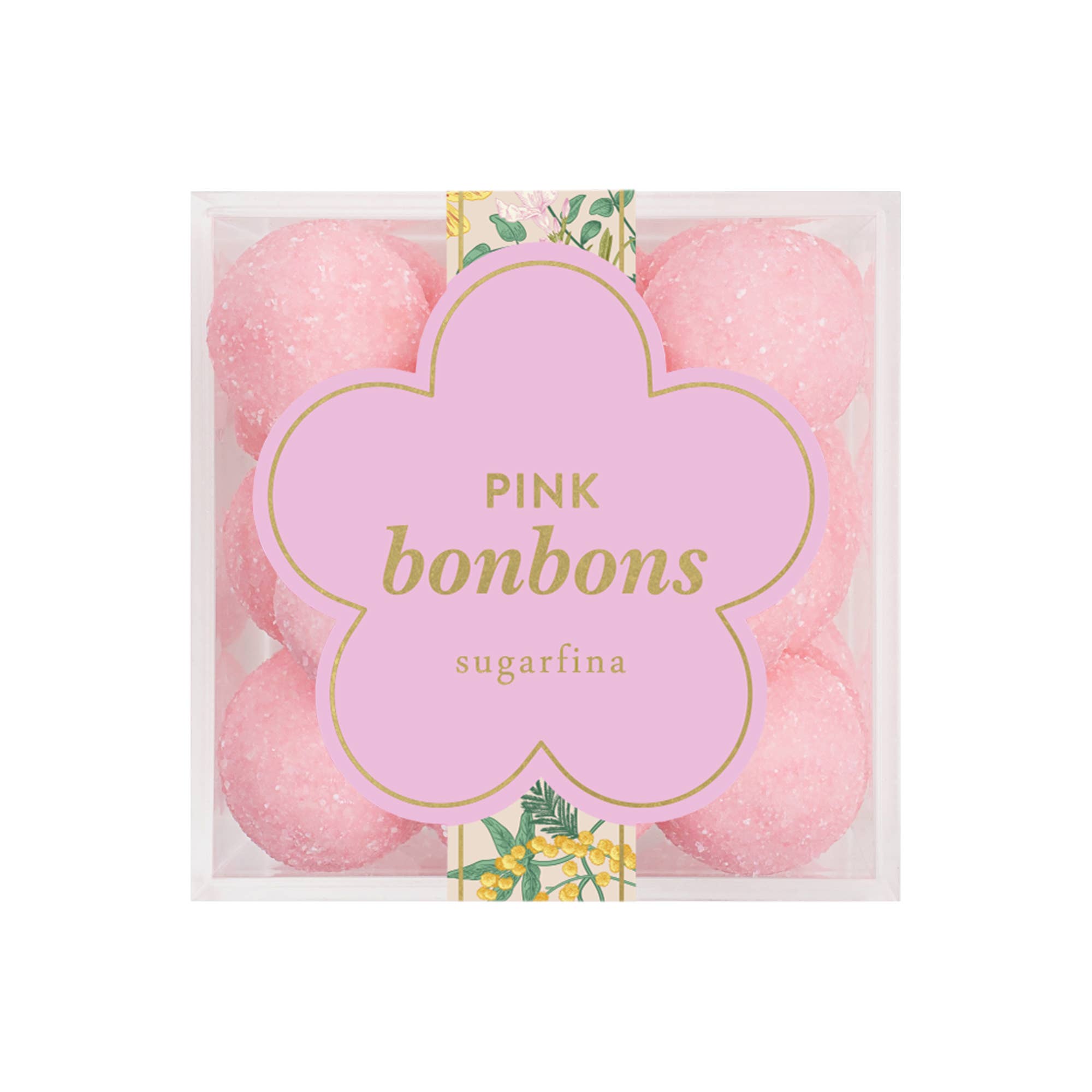 Small pink Sugarfina bonbons in clear glass jar, colorful chocolate and candy treats with pastel pink coating.