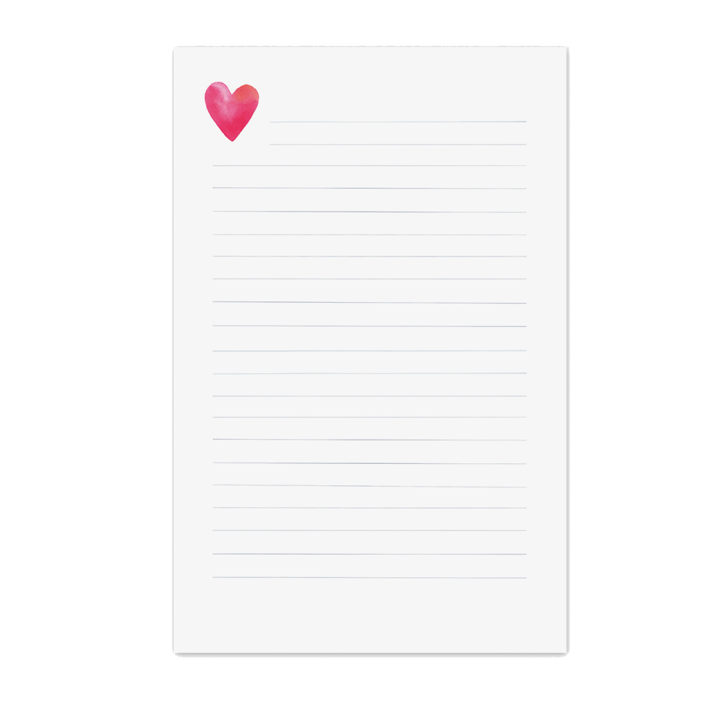 E. Frances Paper Heart Lined Notepad with pink heart border on white pages, featuring ruled lines for writing.