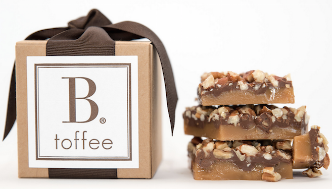 B. Toffee 4oz toffee candies in a kraft box, chocolate and candy treat from B. Toffee & Treats, neatly arranged in the box.
