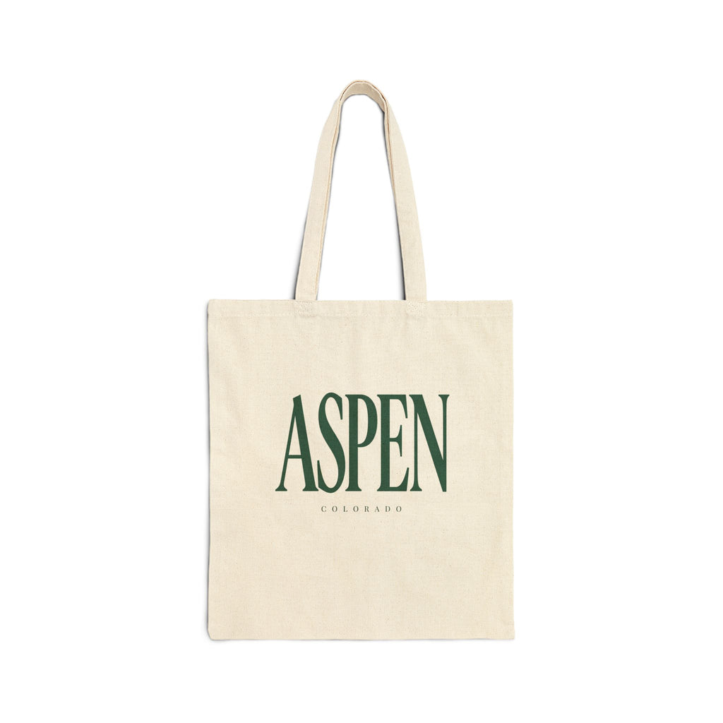 Beige tote bag with 'ASpen Colorado' text on a white background