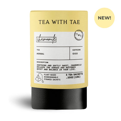Chamomile mini tea tube from Tea with Tae with 5 tea bags, featuring a colorful, compact packaging design.
