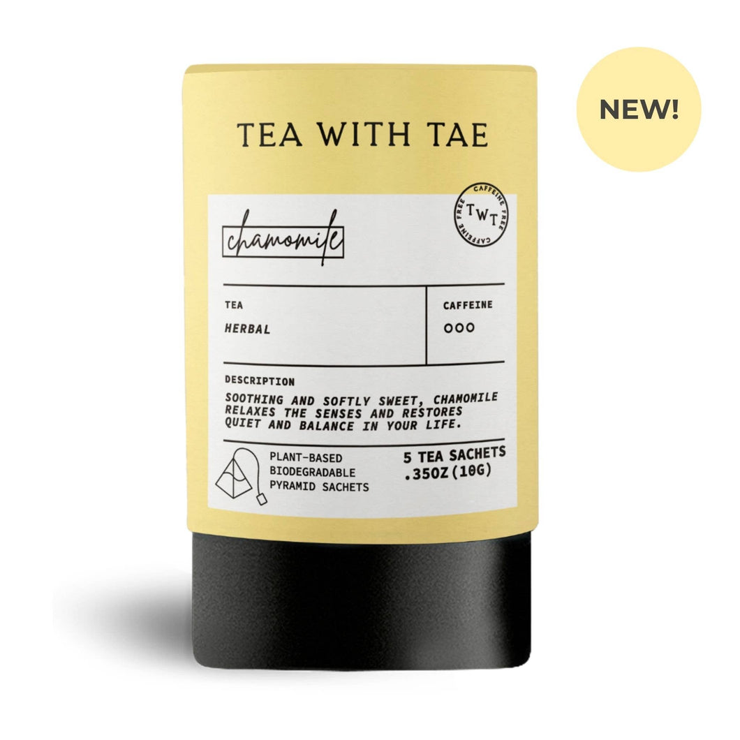 Chamomile mini tea tube from Tea with Tae with 5 tea bags, featuring a colorful, compact packaging design.