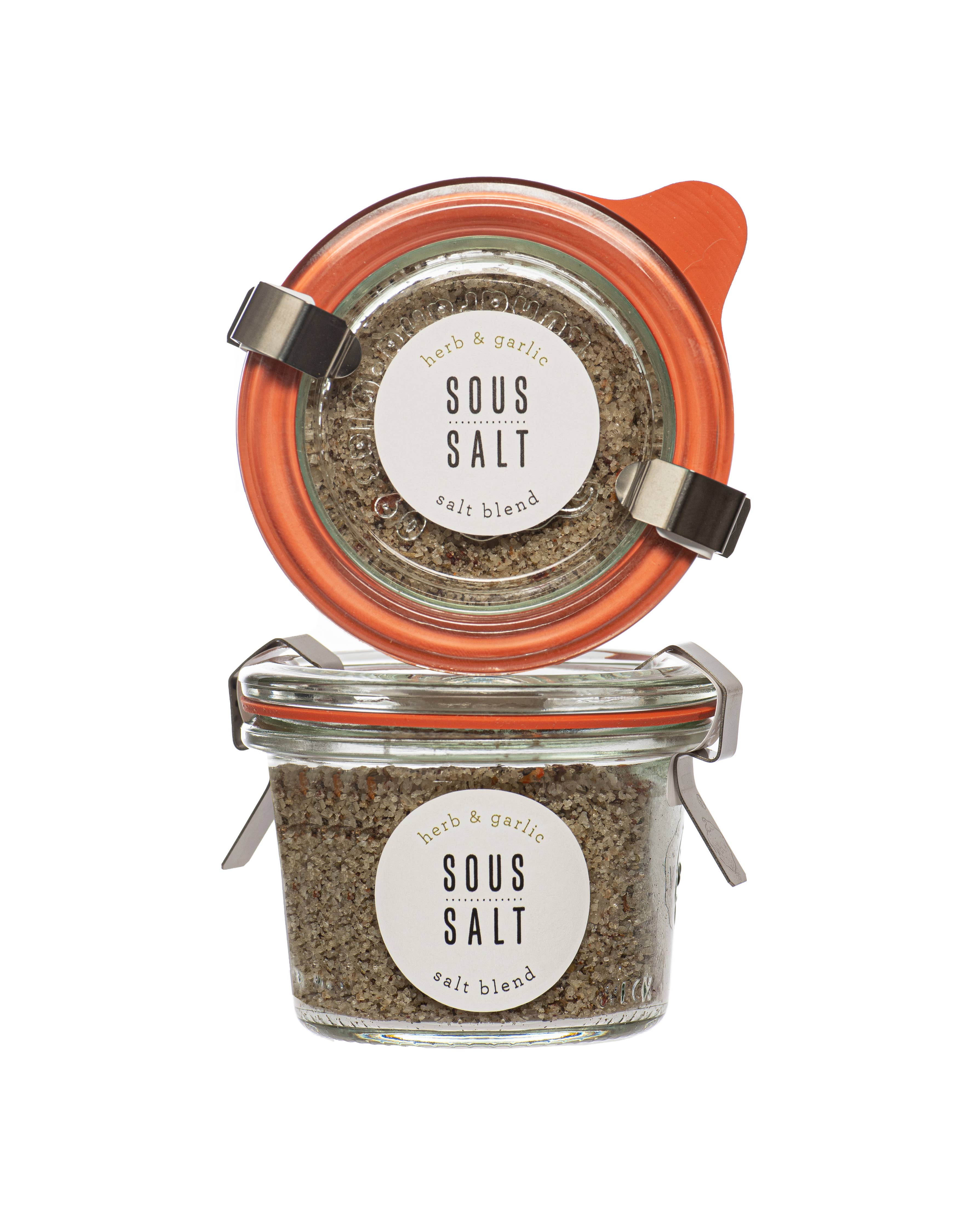 Jar of 'Sous Salt' with a white label on a white background