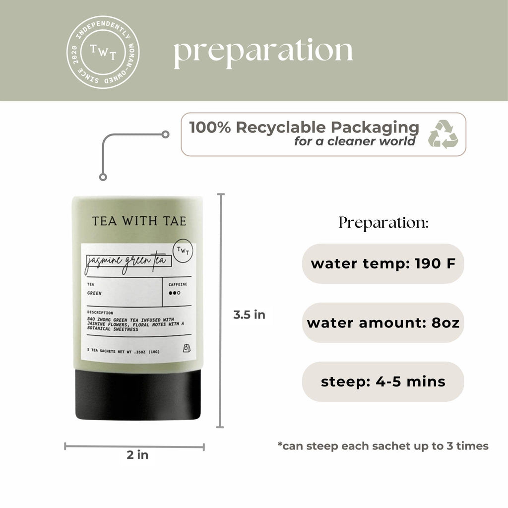 Jasmine Green Tea mini tube gift with five tea bags from Tea with Tae, featuring a decorative packaging design.