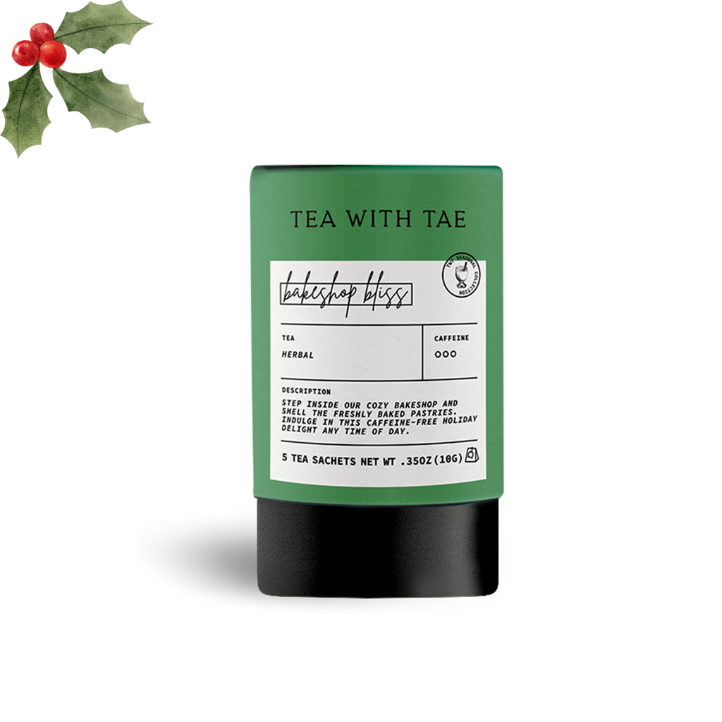 Tea with Tae Bakeshop Bliss Holiday Herbal Mini Tube Gift with 5 tea bags, featuring colorful packaging and festive holiday design.