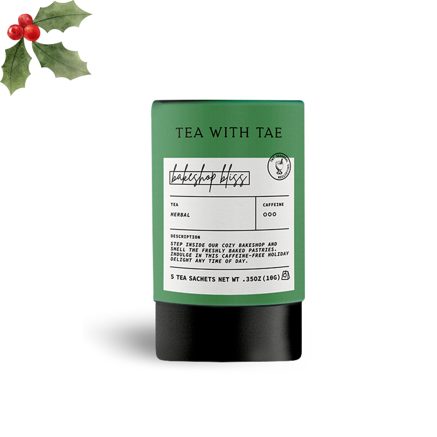Tea with Tae Bakeshop Bliss Holiday Herbal Mini Tube Gift with 5 tea bags, featuring colorful packaging and festive holiday design.
