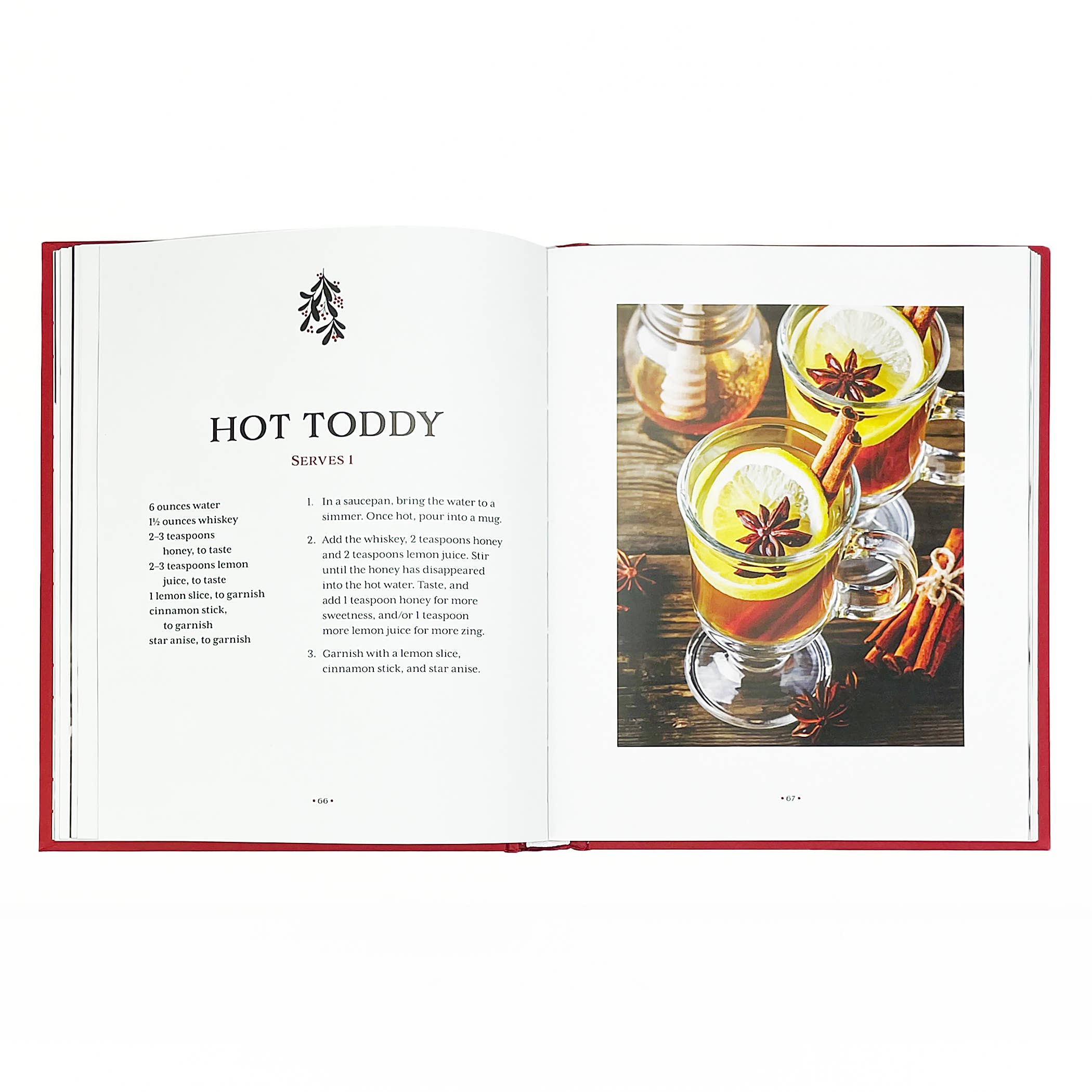 Open book titled "Art of Mixology: Making Spirits Bright Christmas Cocktails" from Cottage Door Press, showing colorful cocktail recipes.