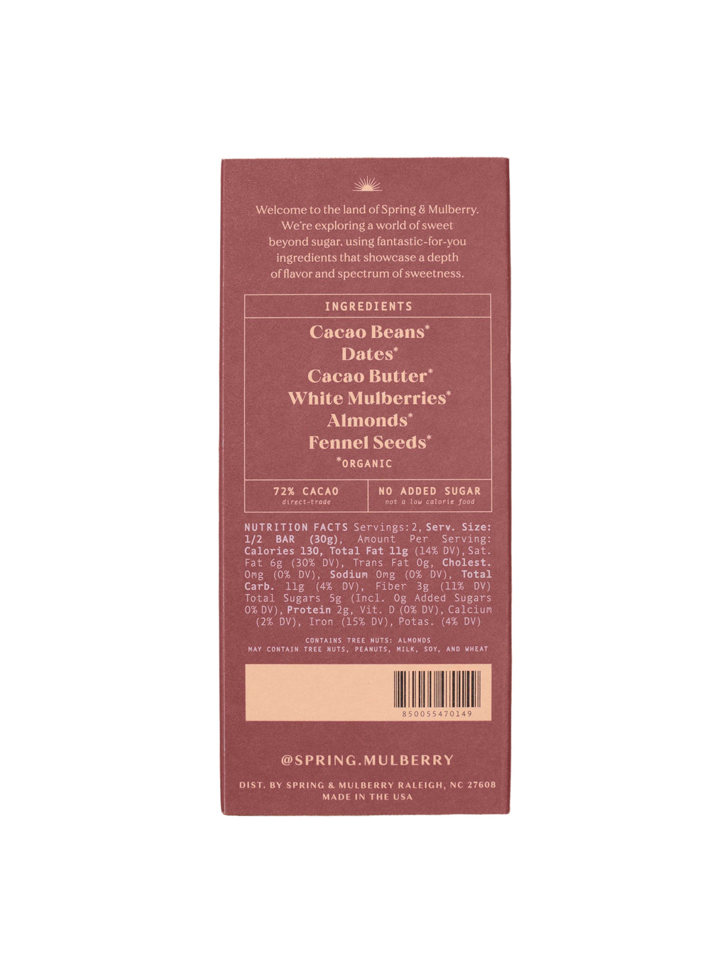 Spring & Mulberry Fennel Date Sweetened Chocolate bar with visible pieces of fennel seeds and a rich, smooth chocolate surface.