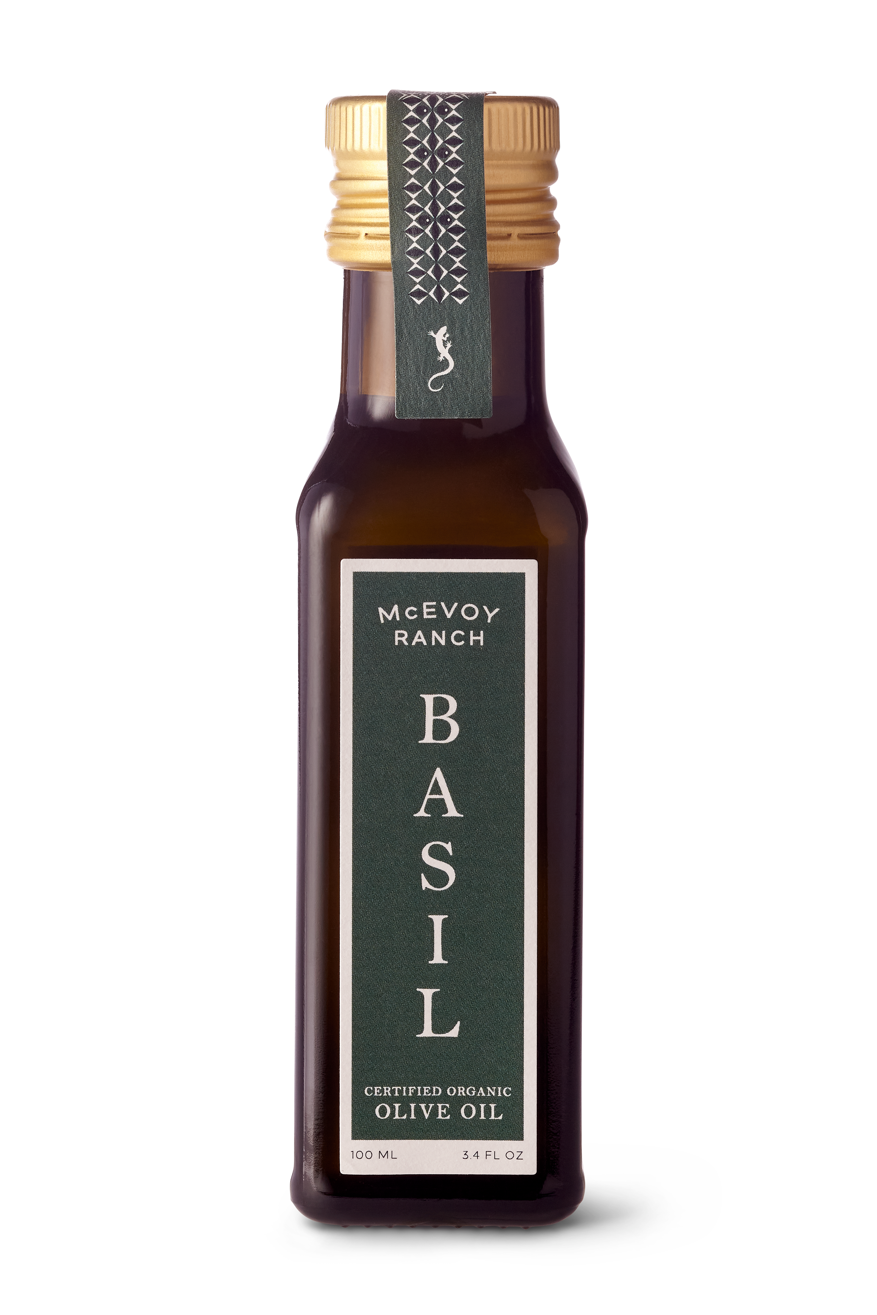 A 1.4 fl oz glass bottle of McEvoy Ranch Organic Basil Olive Oil, featuring a dark green label with white text and a gold screw cap, shown on a white background.