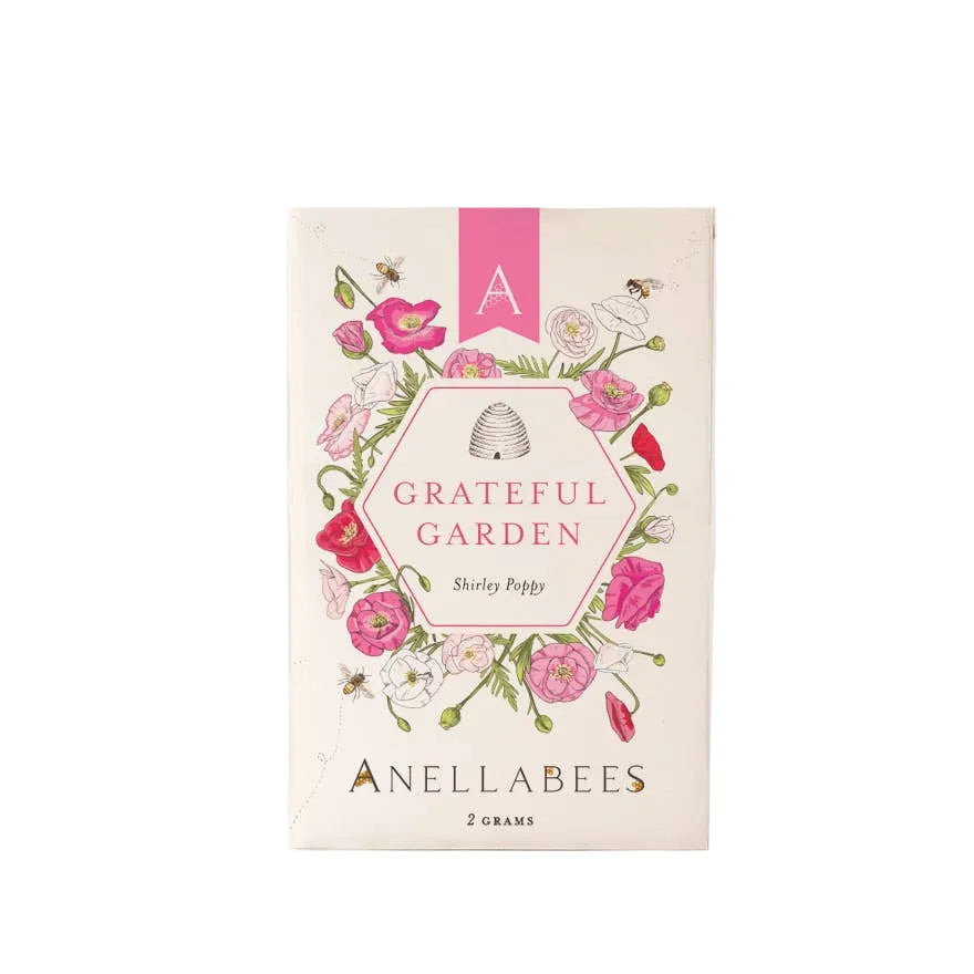 Anellabees Shirley Poppy flower garden seeds in packaging, ideal for planting bright red poppies in your garden.