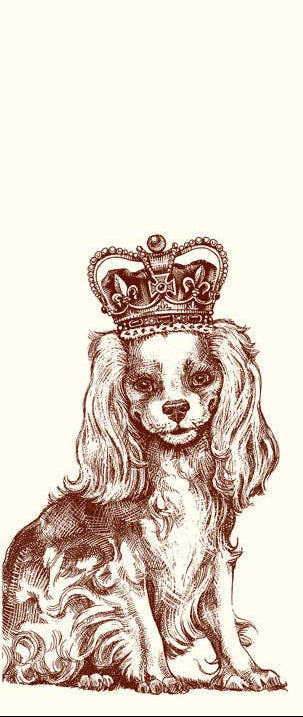 A sepia-toned illustration of a long-eared dog wearing a crown, placed in the lower-left corner on a plain warm cream background.