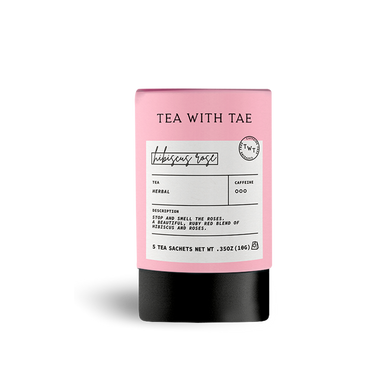Hibiscus Rose herbal tea mini tube gift by Tea with Tae showing five tea bags in colorful packaging