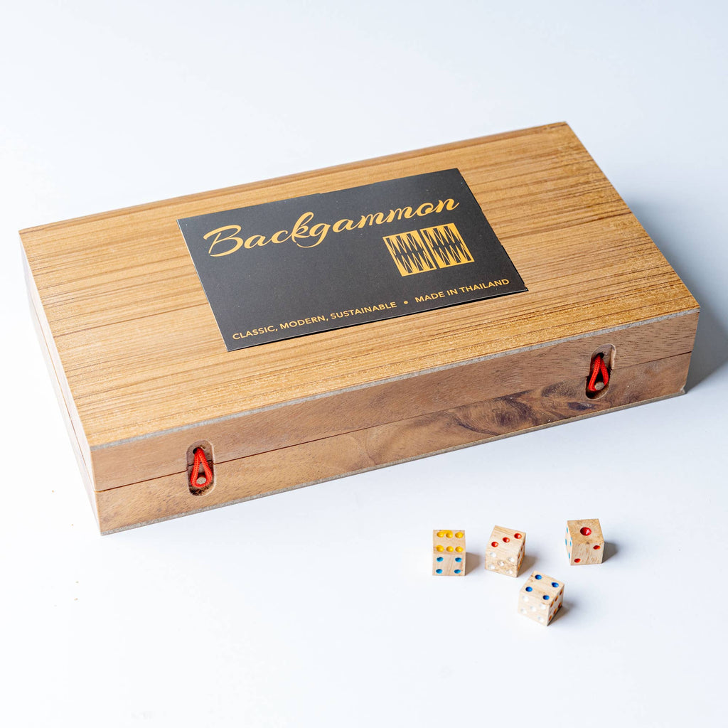 Backgammon game set made of mango wood by Verve Culture, featuring a traditional game board with dice and game pieces.