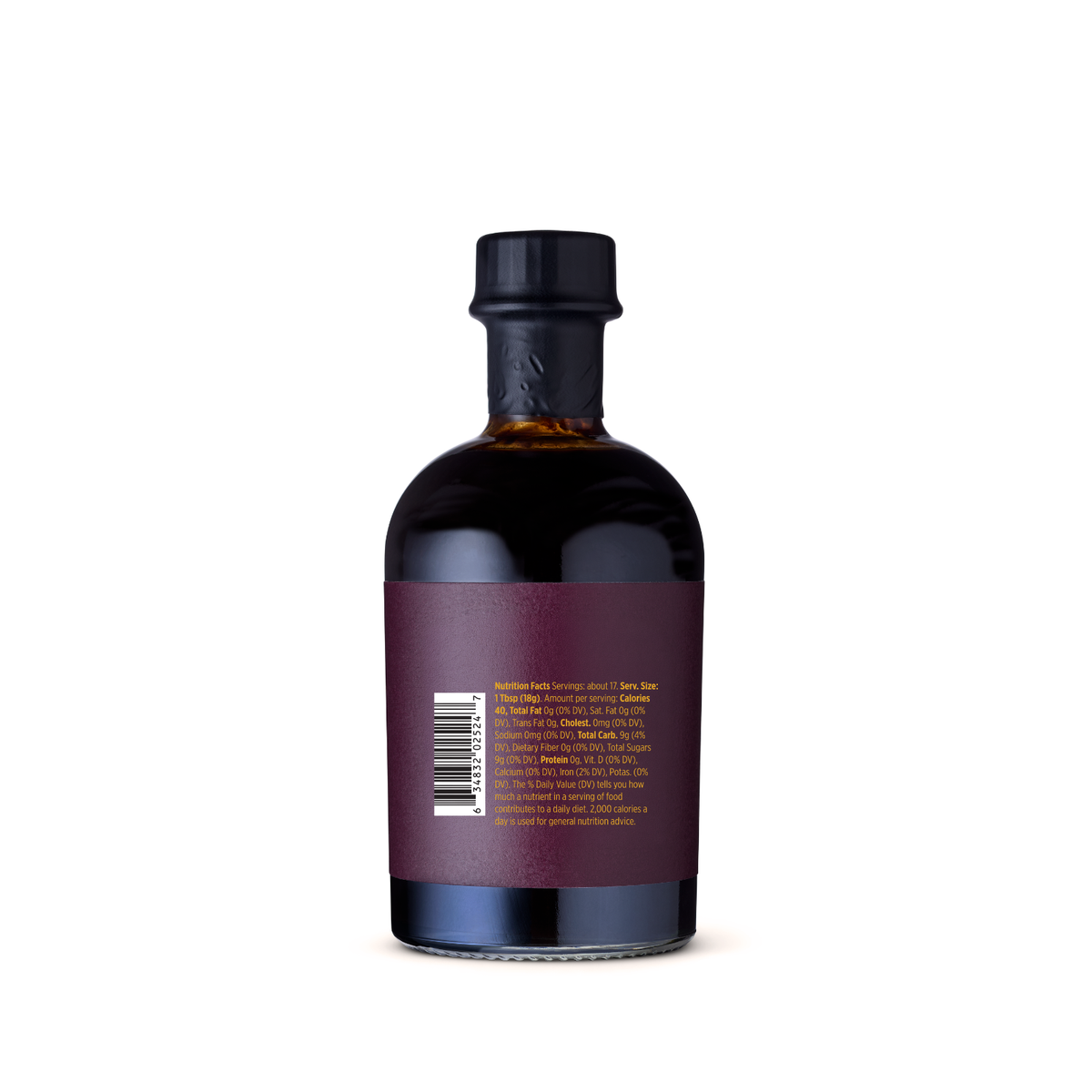 A dark glass bottle with a black cap and a deep burgundy label, shown from the back against a plain white background.