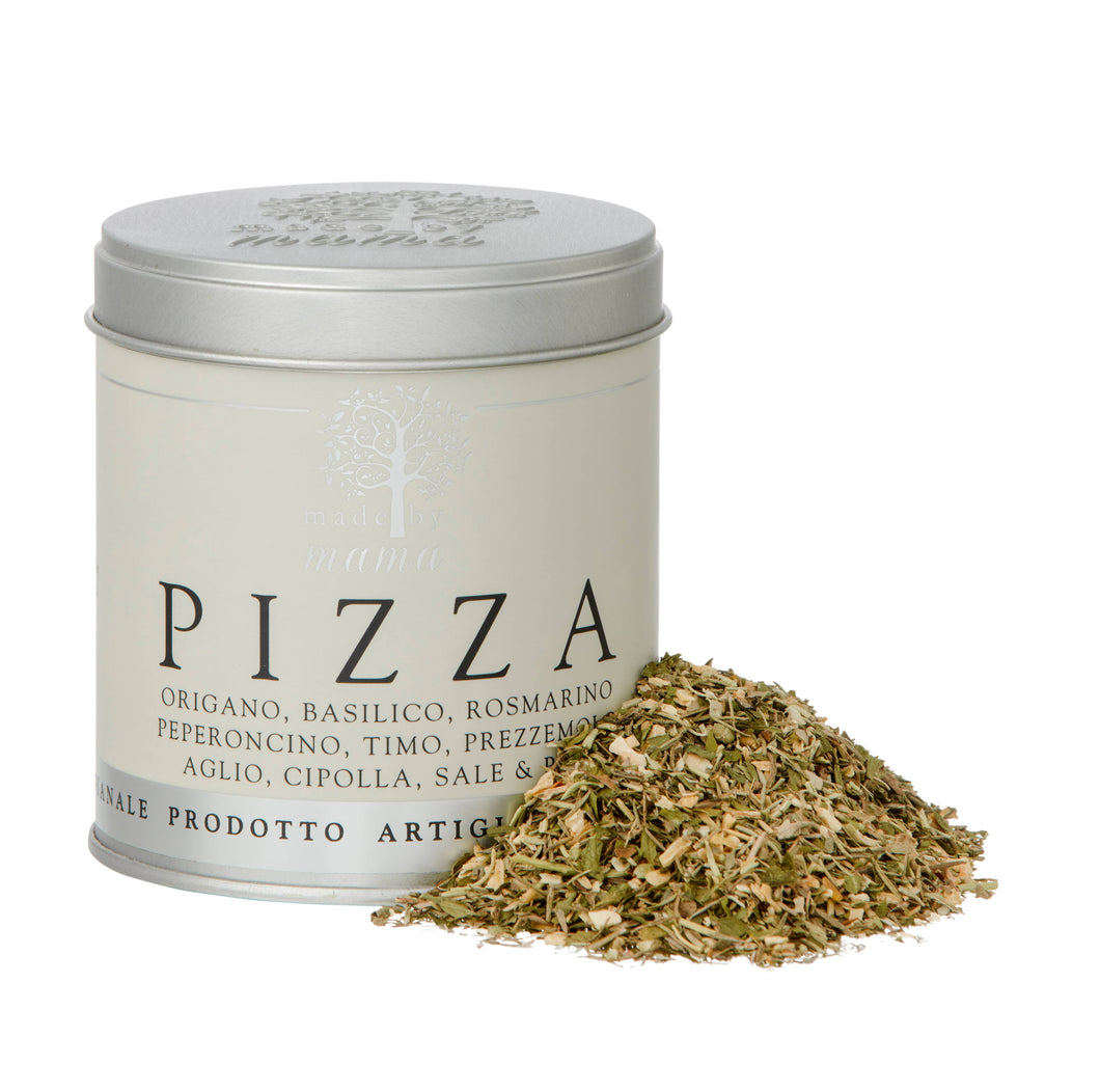 Italian spice mix for pizza seasoning by Made by Mama, featuring a blend of herbs and spices in a pantry staple jar.