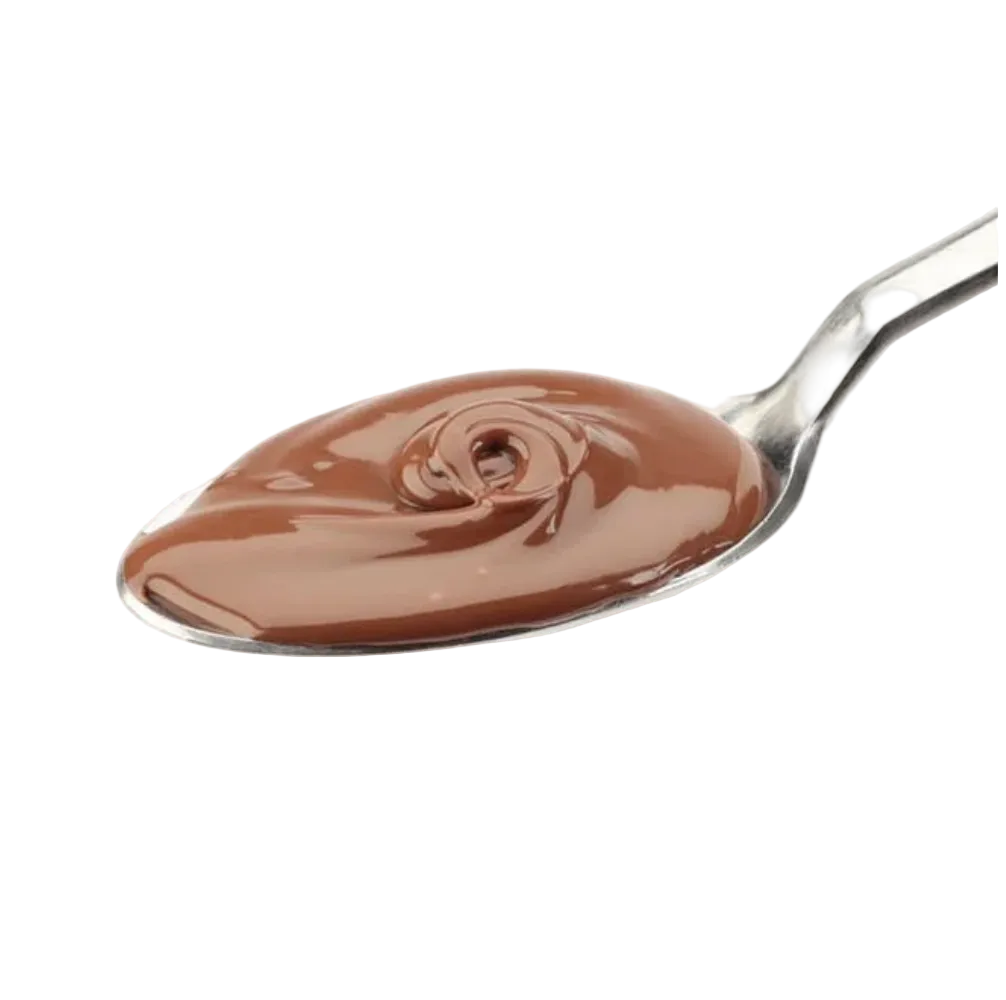 A spoonful of smooth, glossy chocolate spread on a clean white background.
