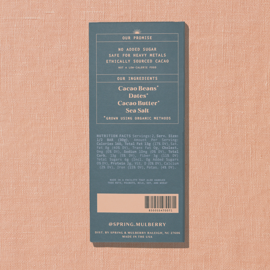 Back of a product packaging with text on a beige background