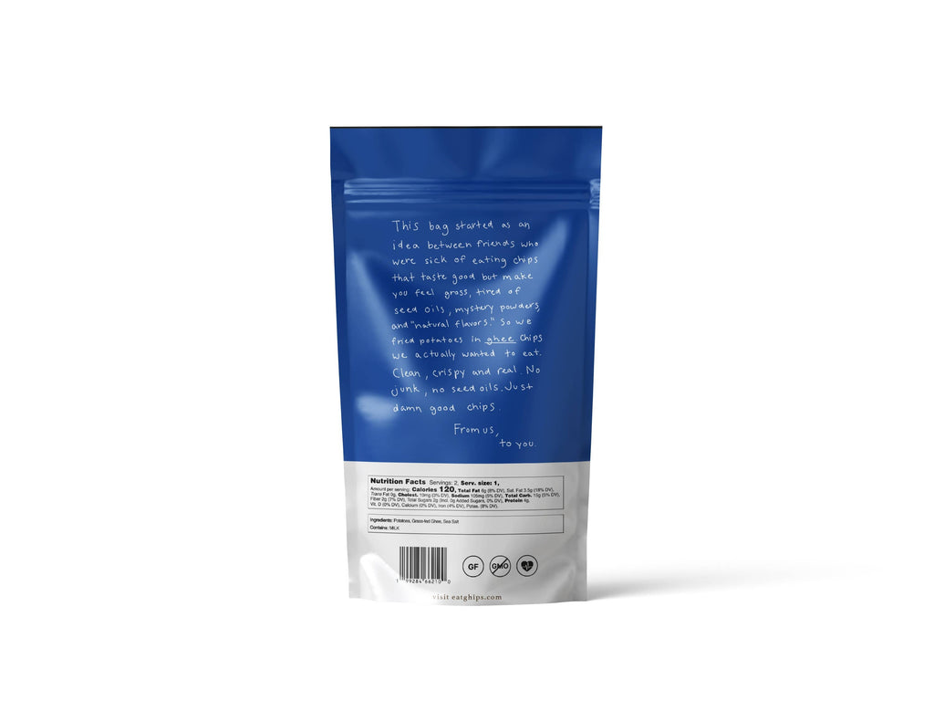 Ghips Ghee Potato Chips with sea salt, crispy snack in a bag, showing golden chips sprinkled with sea salt.