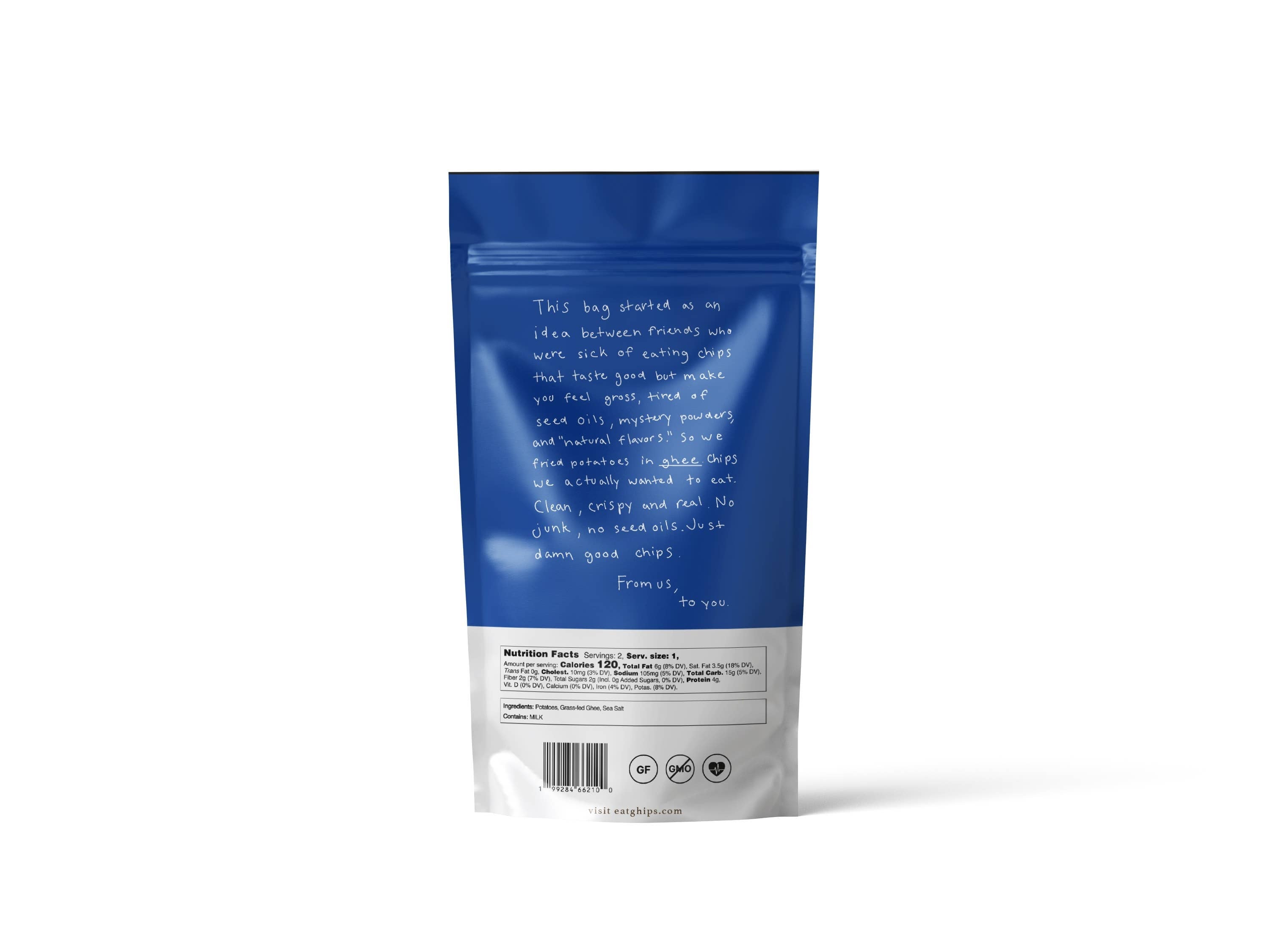 Ghips Ghee Potato Chips with sea salt, crispy snack in a bag, showing golden chips sprinkled with sea salt.