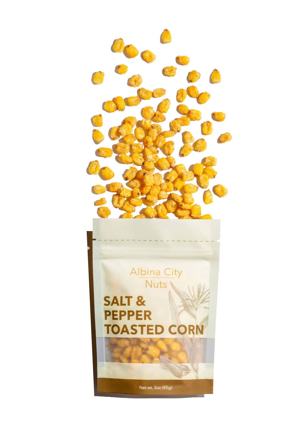 Albina City Nuts Salt & Pepper Toasted Corn snack in a bowl, showing crispy corn seasoned with salt and pepper.