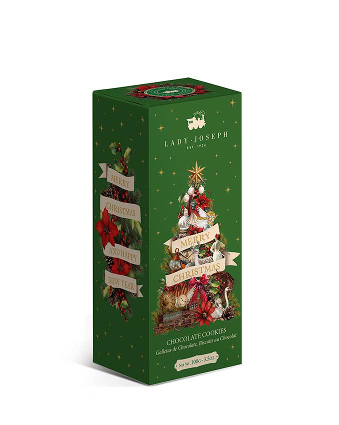 A tall green rectangular box of Lady Joseph Christmas Chocolate Cookies, decorated with festive illustrations of a decorated Christmas tree, red poinsettias, and cream banners with the words 'Christmas' and 'Cookies'.