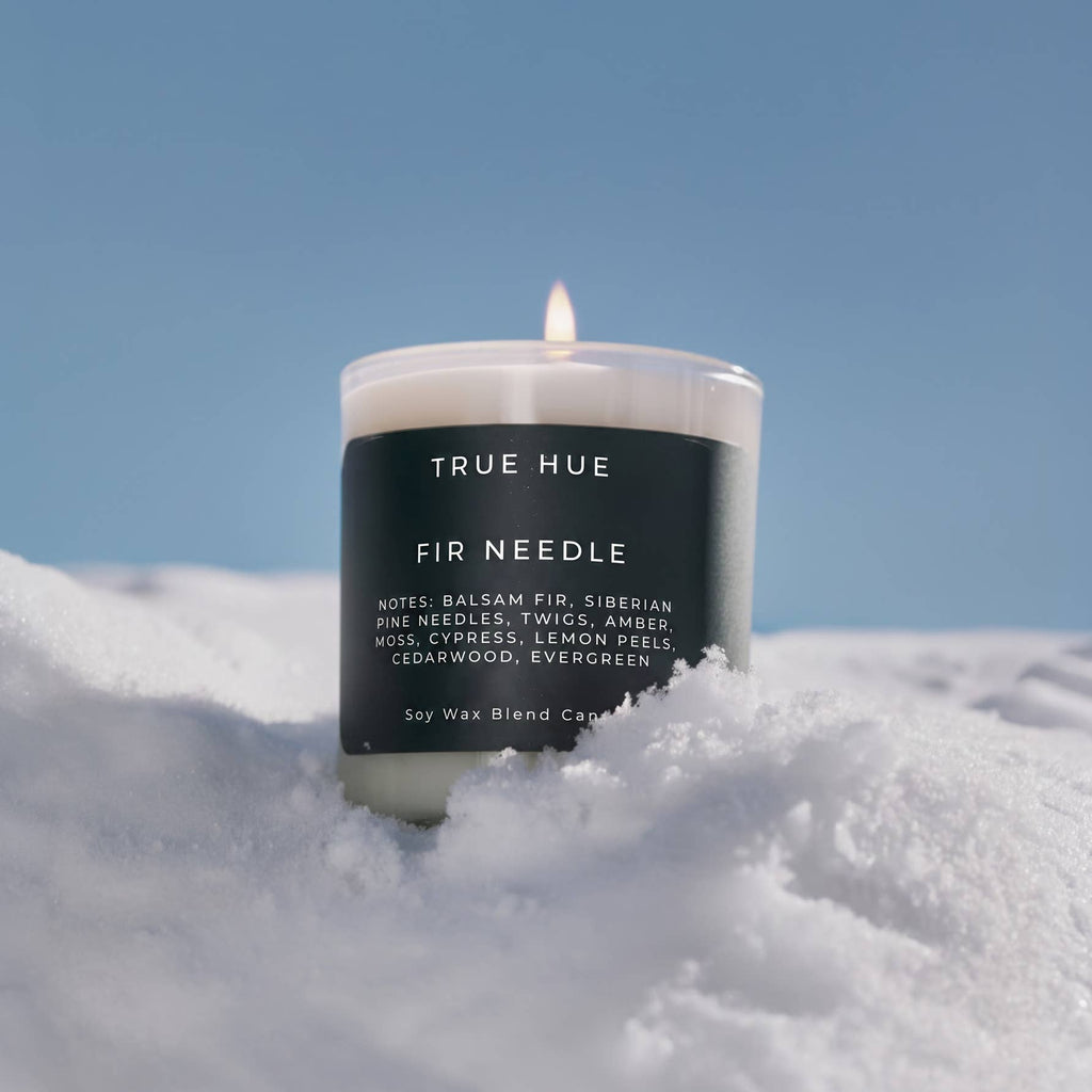 True Hue Fir Needle Mini Candle with realistic fir needle design, perfect for cozy home decor and seasonal ambiance.