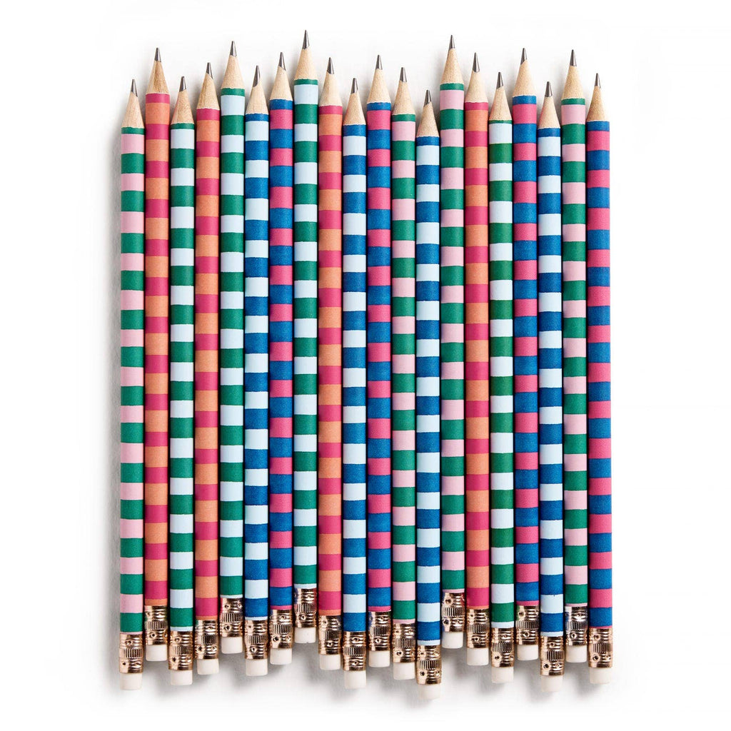 Set of 10 E. Frances Paper varsity stripes pencils with colorful striped design on white paper background.