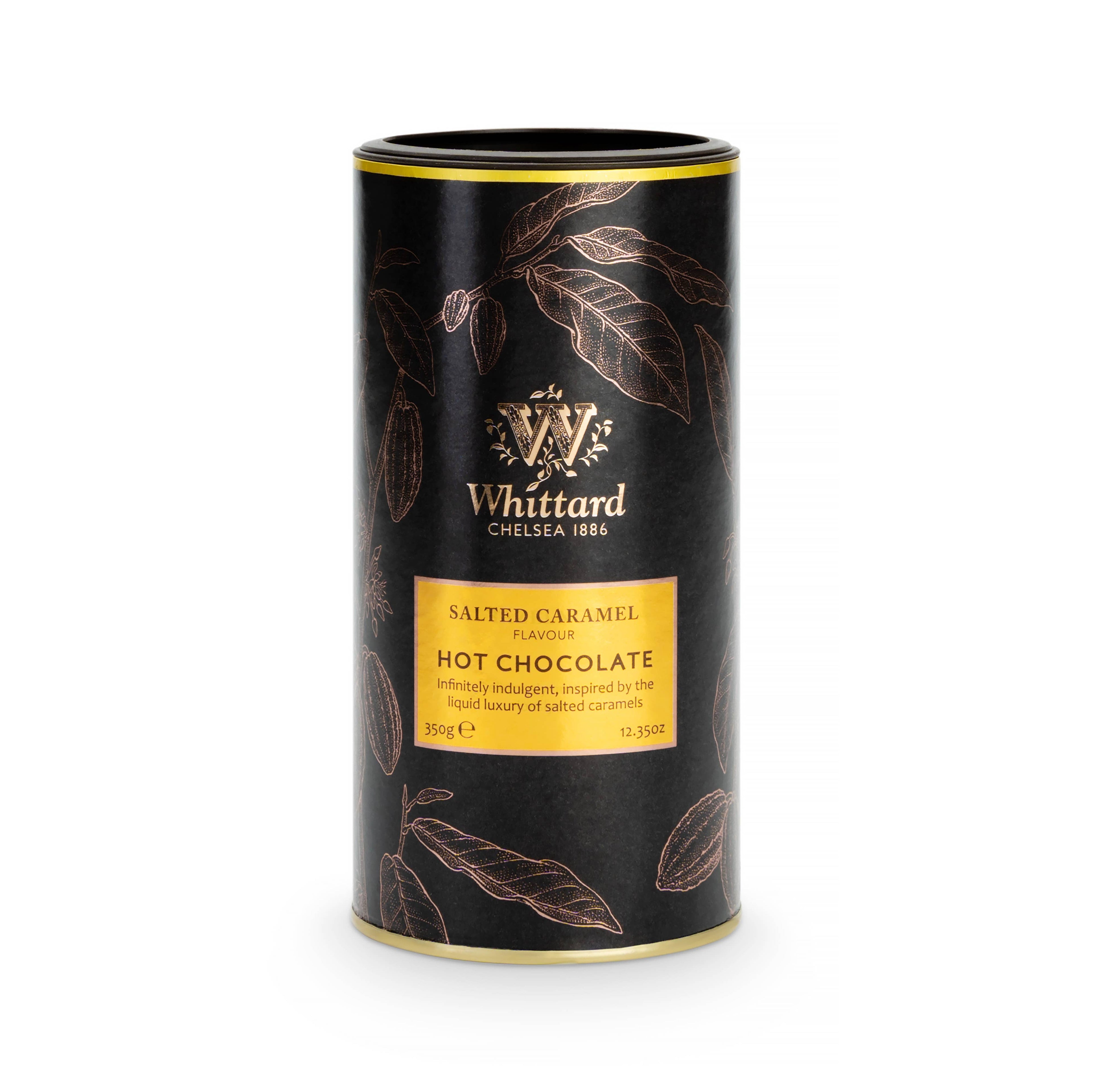 Whittard of Chelsea salted caramel hot chocolate snack in a package, featuring salted caramel flavor and hot chocolate ingredients.