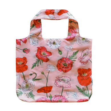 Reusable pink shopping bag with poppy flower design, ideal for farmer's markets, from Anellabees gifts collection.