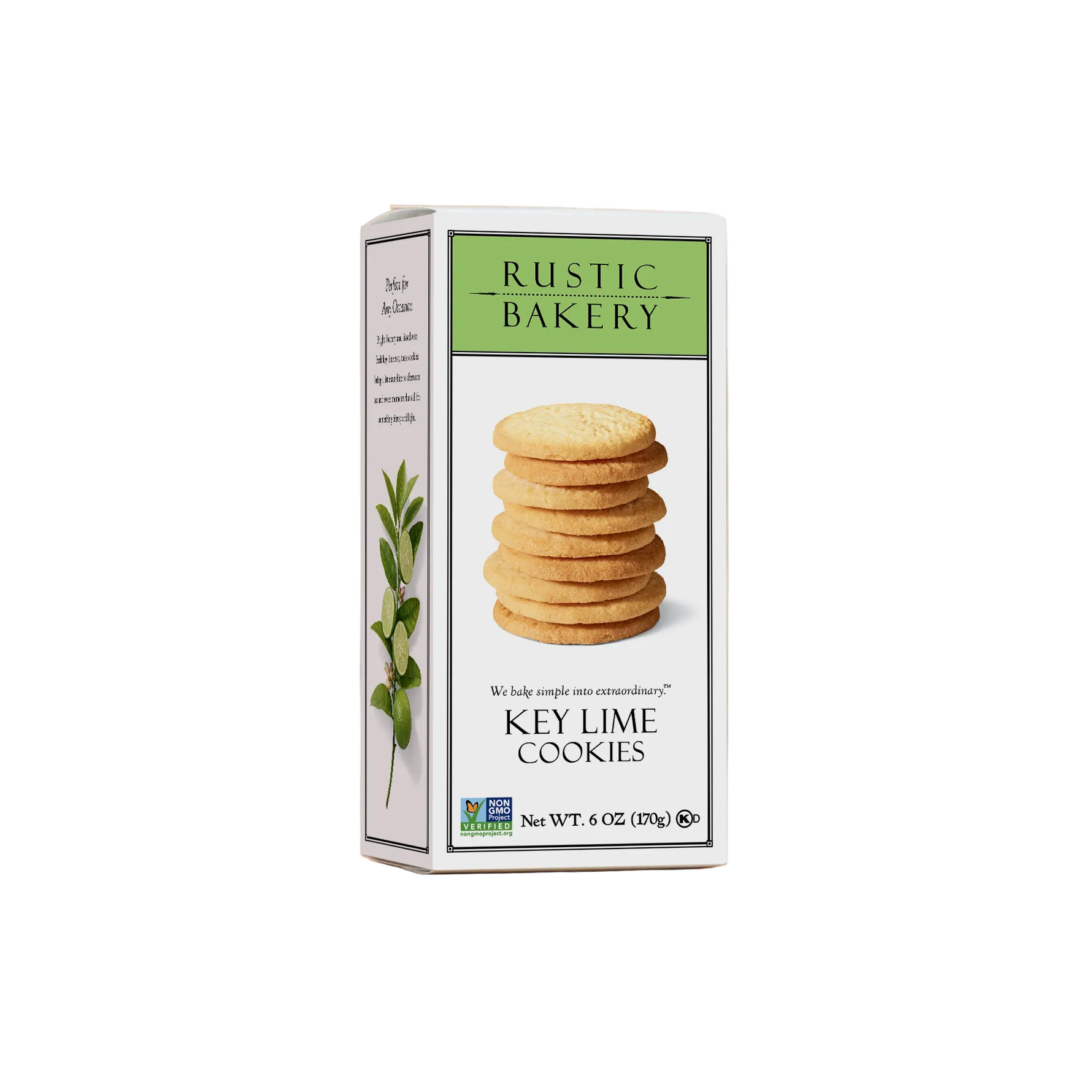 A box of Rustic Bakery Key Lime Cookies stands upright on a warm beige surface against a white background. The packaging is white with a green brand banner and a photo of stacked cookies on the front.