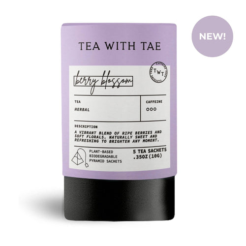 Berry Blossom Herbal Mini Tea Tube by Tea with Tae with five tea bags, showcasing colorful packaging and fresh herbal ingredients.