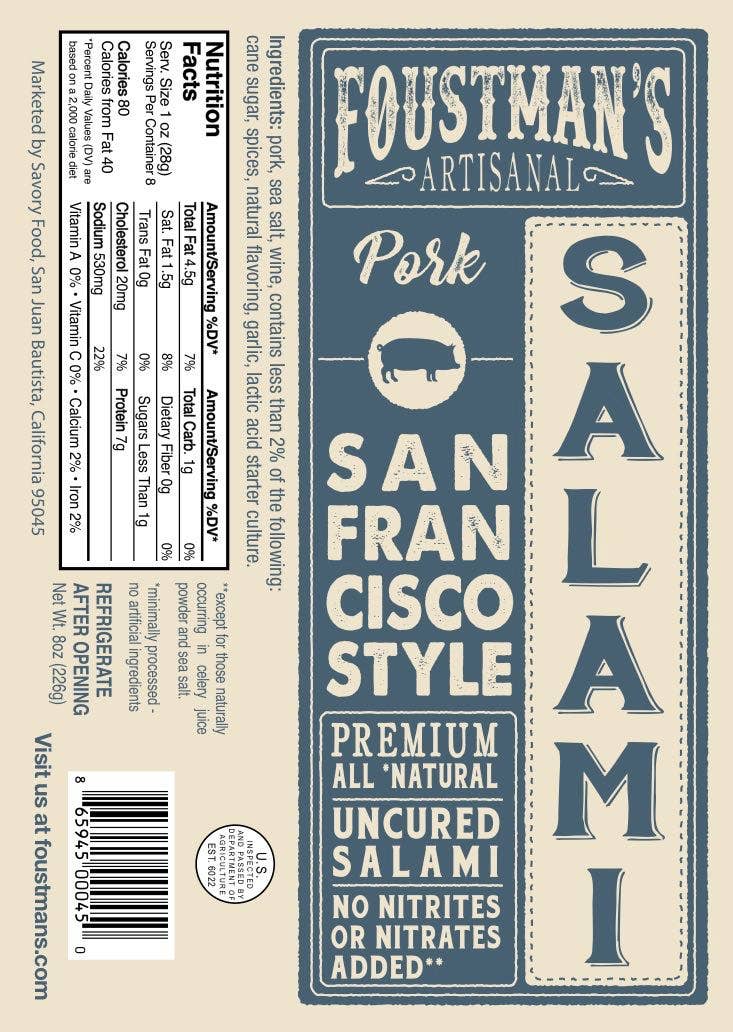 Foustman's San Francisco Style Uncured Salami - 8 oz