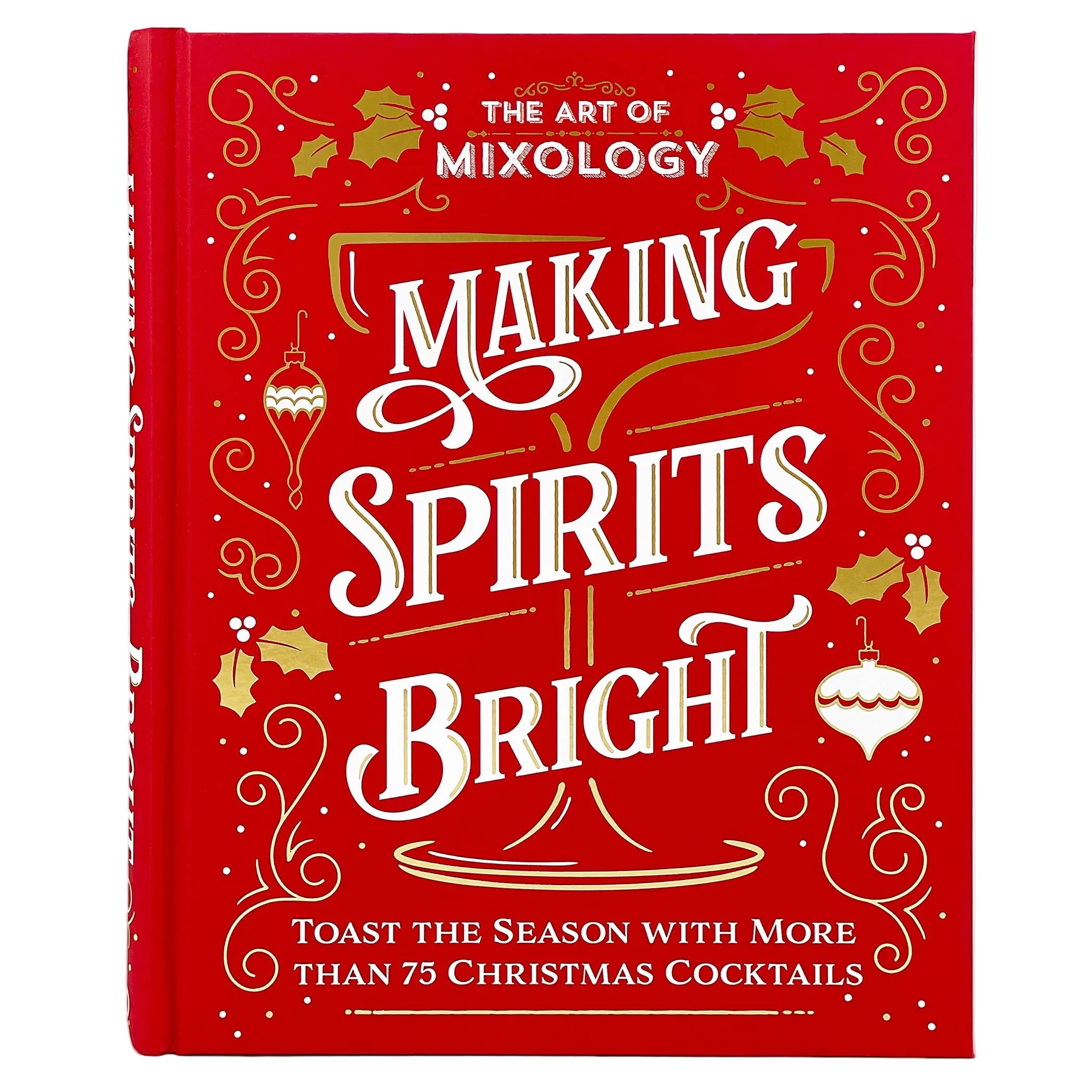 Open book titled "Art of Mixology" showing colorful Christmas cocktail recipes on pages, by Cottage Door Press.