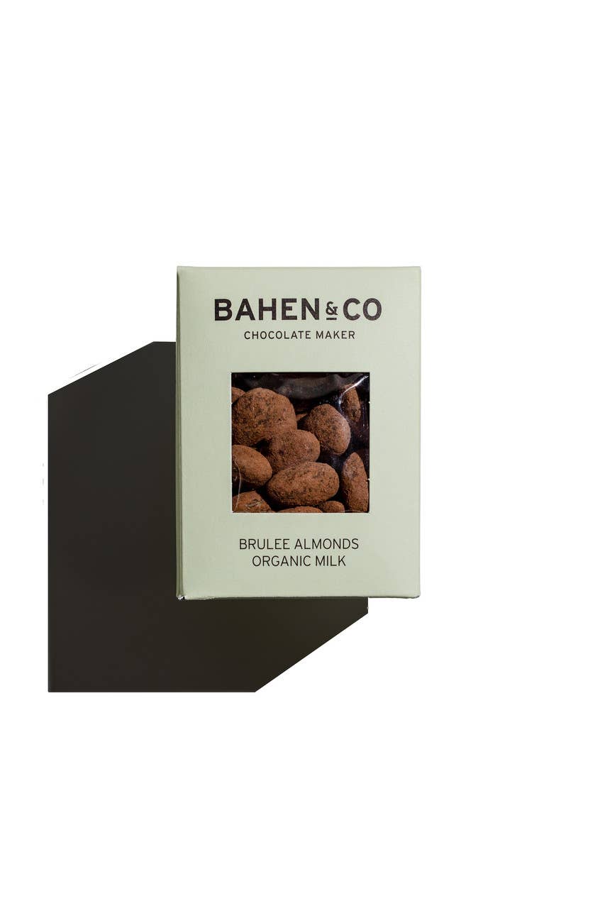 Organic milk chocolate-coated Brulee almonds by Bahen & Co, showcasing a delicious candy treat with a glossy finish.
