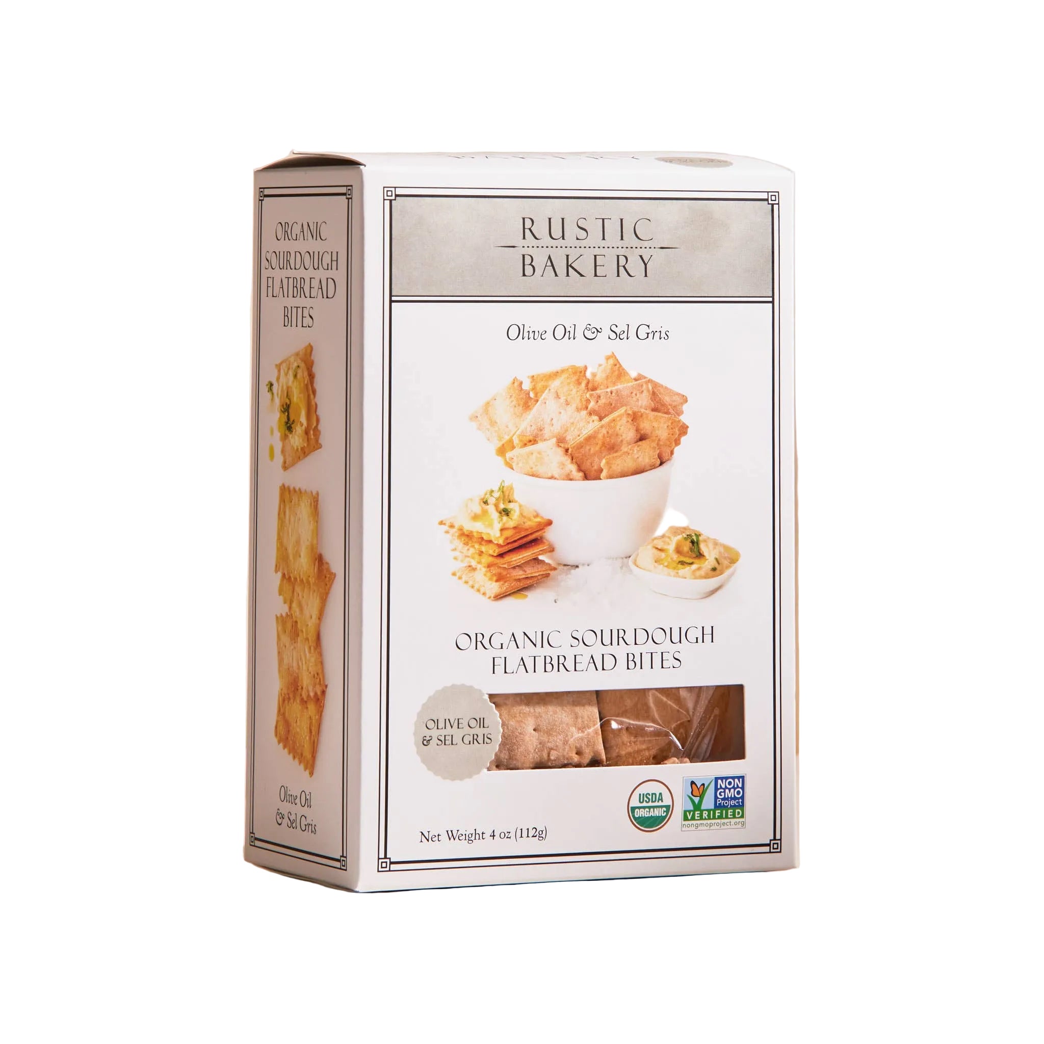 Rustic Bakery Bites box with olive oil and Sel Gris flavor, featuring 12 individually packaged snack bites on a neutral background.