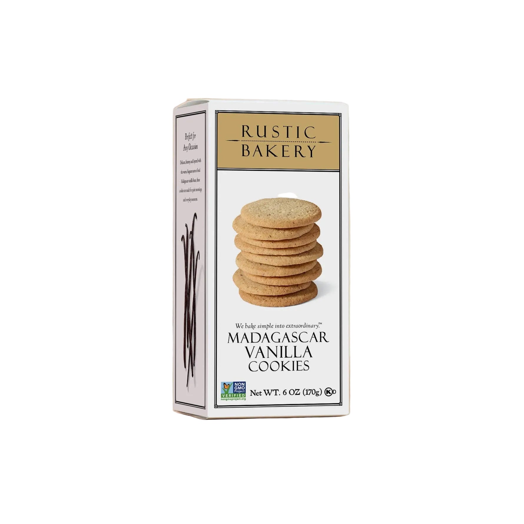 A box of Rustic Bakery Madagascar Vanilla Cookies standing upright on a warm beige surface against a matching beige background. The front of the box shows a stack of round golden-brown cookies and the product name in black text.
