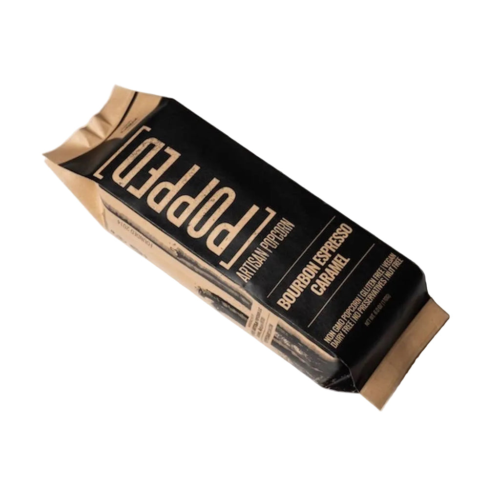 Poppeco bourbon espresso caramel popcorn packaging on a white background