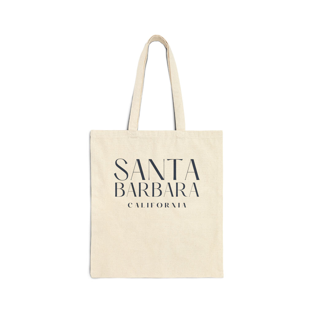 Beige tote bag with 'Santa Barbara California' text on a white background