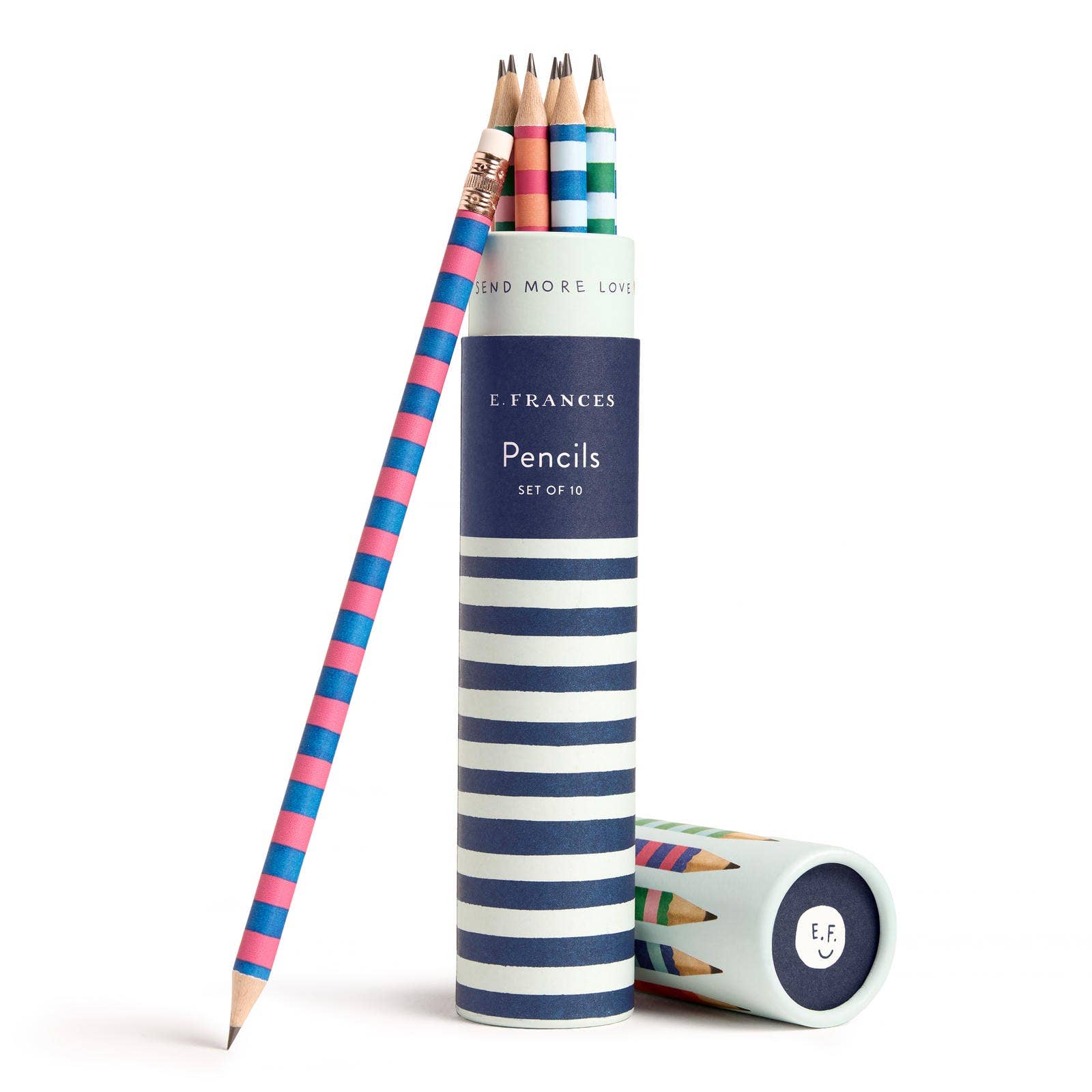 E. Frances Paper Varsity Stripes set of 10 pencils with colorful striped design on white paper background