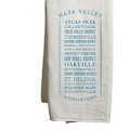 Mercantile 12 Napa Appellations Flour Sack Tea Towels with printed vineyard and wine label designs for kitchen decor.