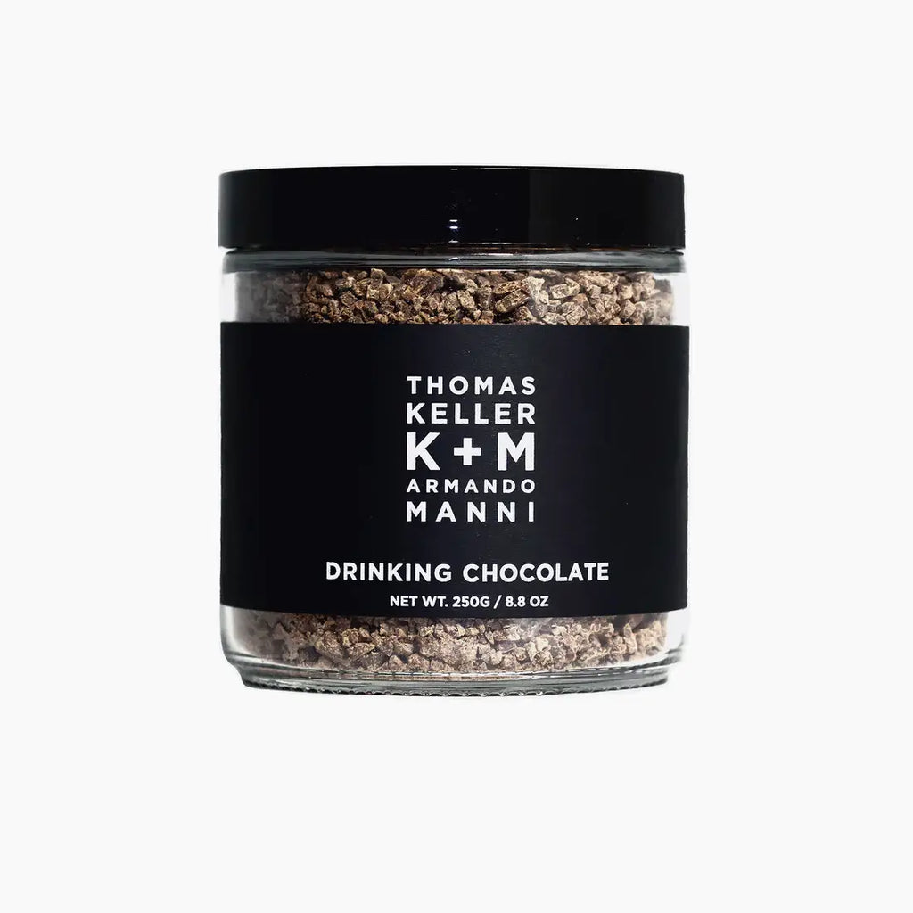 K+M Chocolate Classic Drinking Chocolate 8.8 oz box, showing the hot chocolate powder with branding and product packaging.
