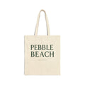 Beige tote bag with 'Pebble Beach California' text on a white background