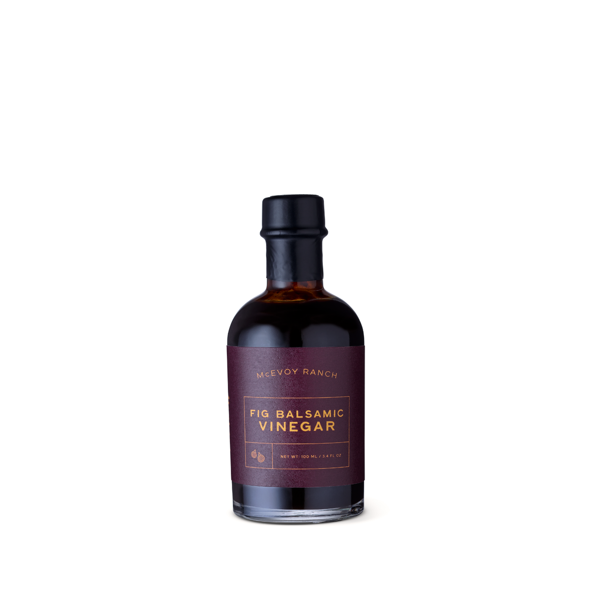 A bottle of McEvoy Ranch Fig Balsamic Vinegar with a dark burgundy label and black cap, centered on a plain white background.