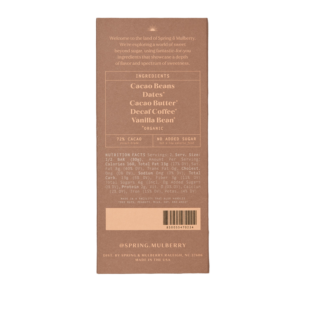 Spring & Mulberry Coffee Date-Sweetened Dark Chocolate bar, rich and smooth with visible cocoa pieces and natural date pieces inside.