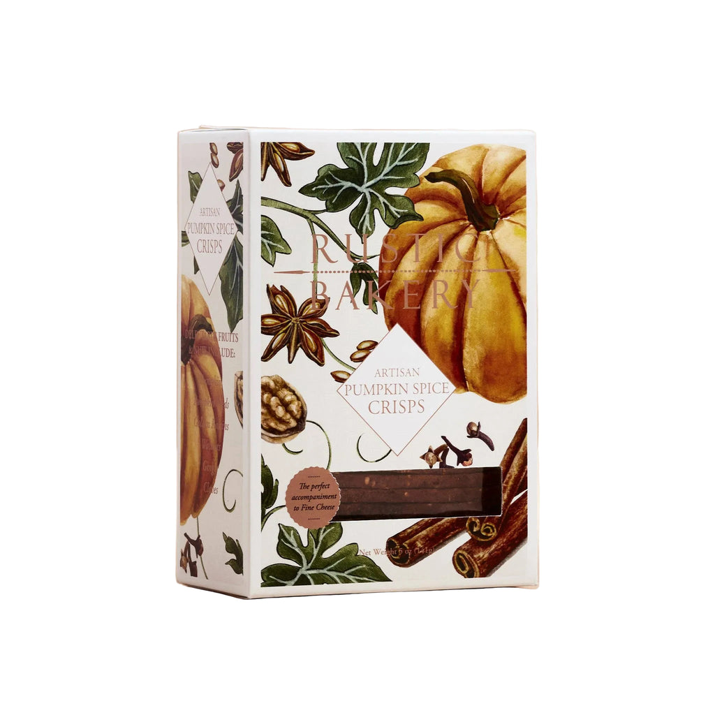 Box of pumpkin spice crisps with autumnal design on a beige background